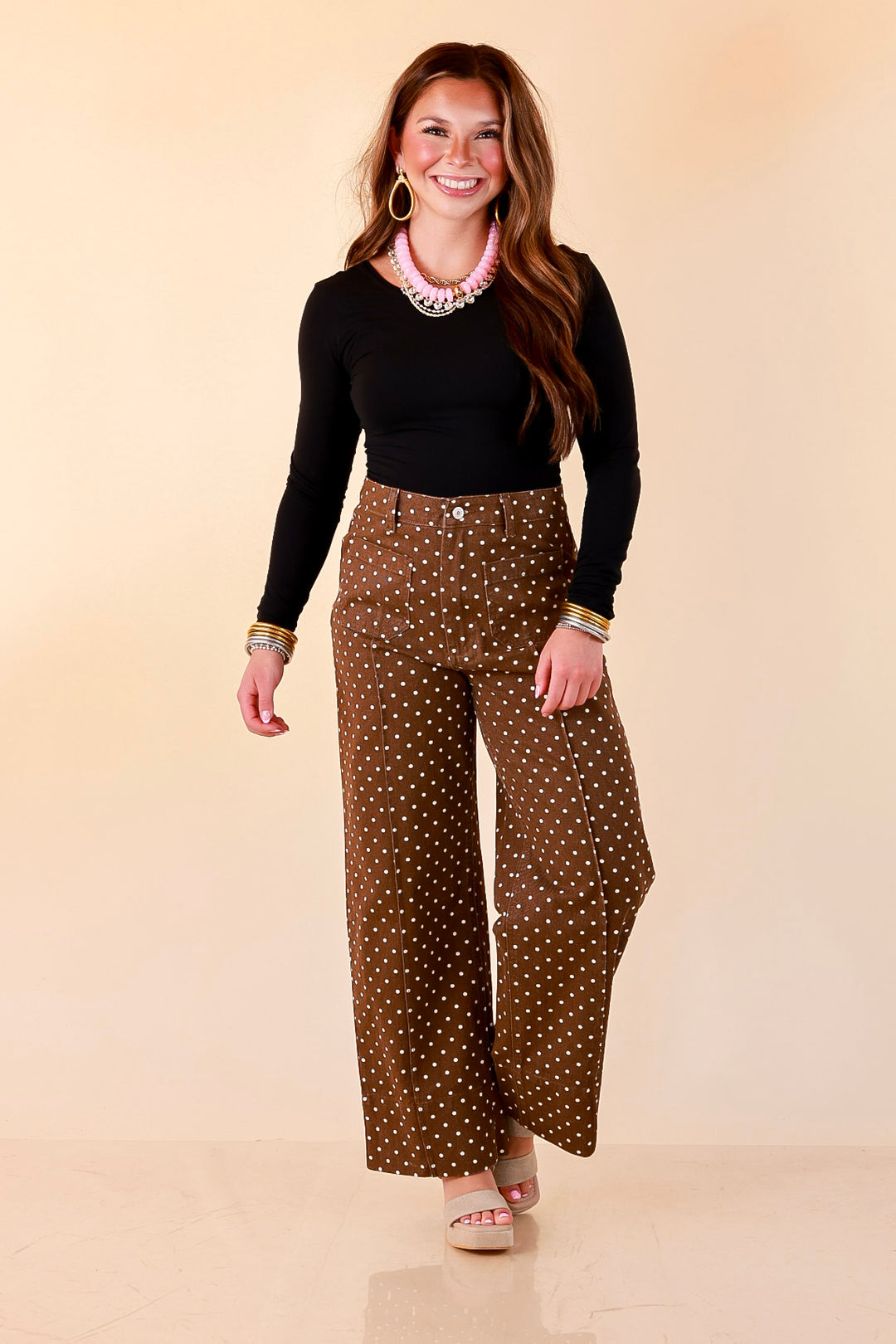 Rosy Outlook Polka Dot Print Wide Leg Denim Pants with Front Seam and Pockets in Chocolate Brown