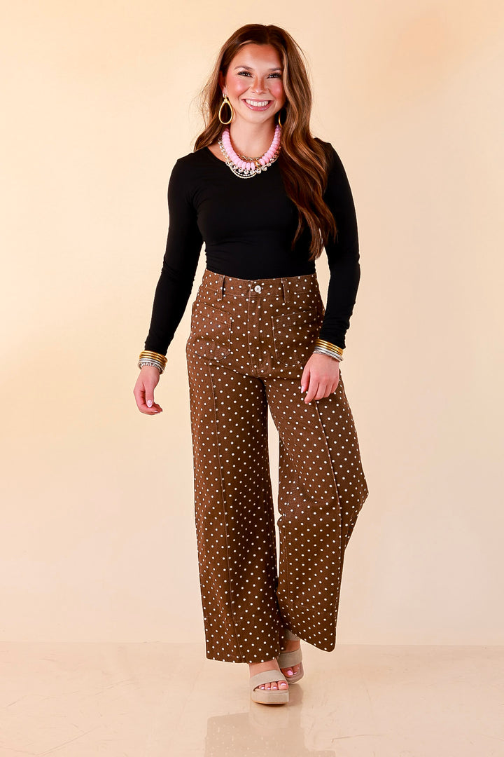 Rosy Outlook Polka Dot Print Wide Leg Denim Pants with Front Seam and Pockets in Chocolate Brown