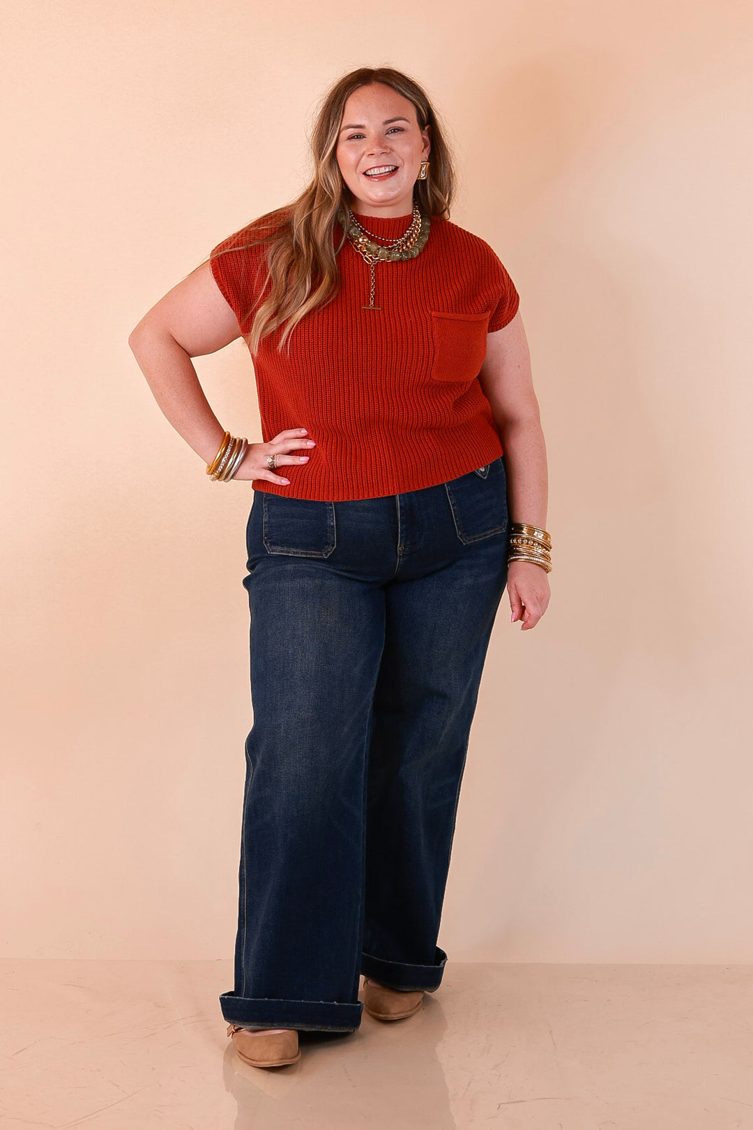 Repeat Worthy Cap Sleeve Cropped Sweater with Front Pocket in Rust Orange