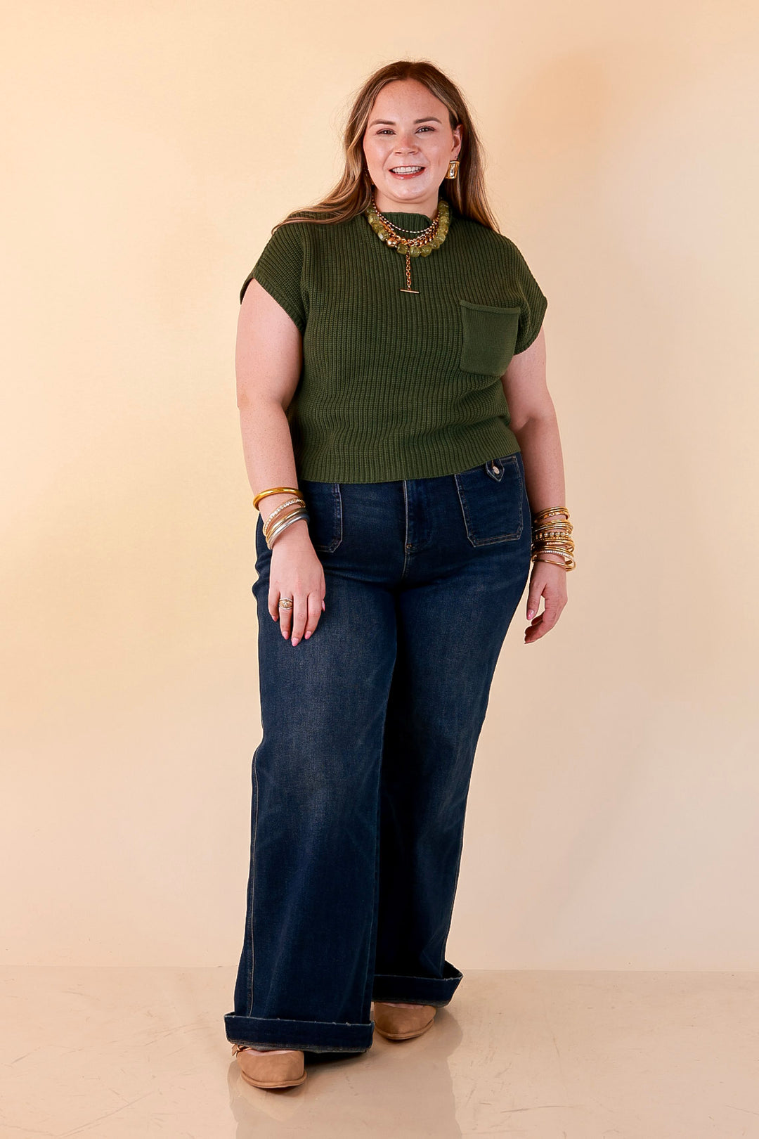 Repeat Worthy Cap Sleeve Cropped Sweater with Front Pocket in Olive Green