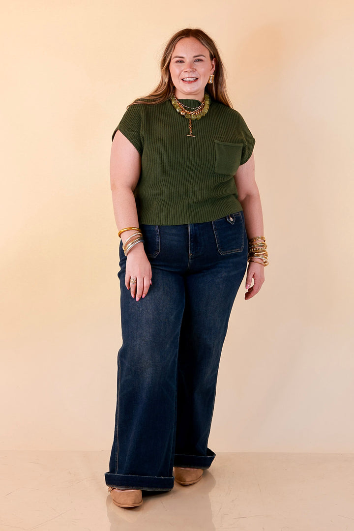 Repeat Worthy Cap Sleeve Cropped Sweater with Front Pocket in Olive Green