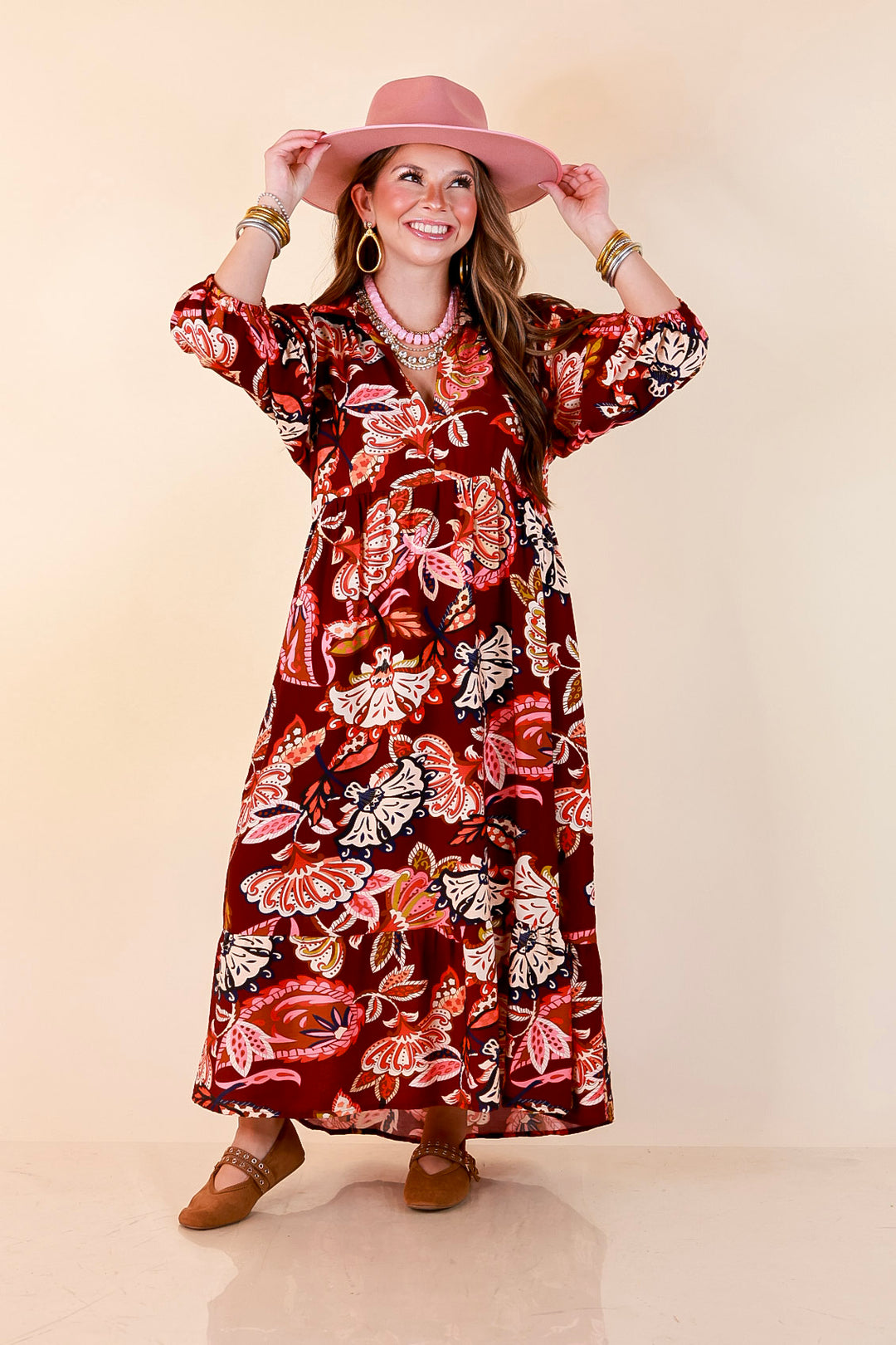 Season of Style Floral Print V Neck 3/4 Sleeve Collared Tiered Midi Dress in Maroon Multi