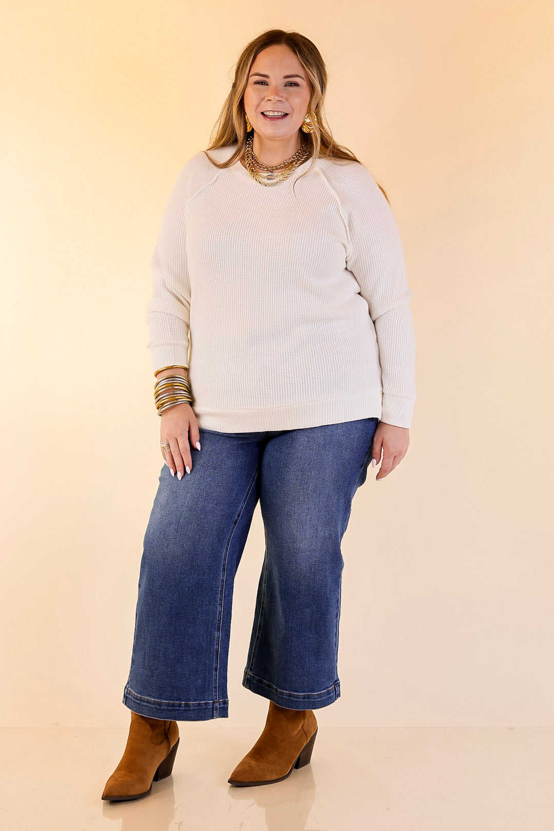 Essentially Chic Waffle Knit Long Sleeve Scoop Neck Top in Ivory