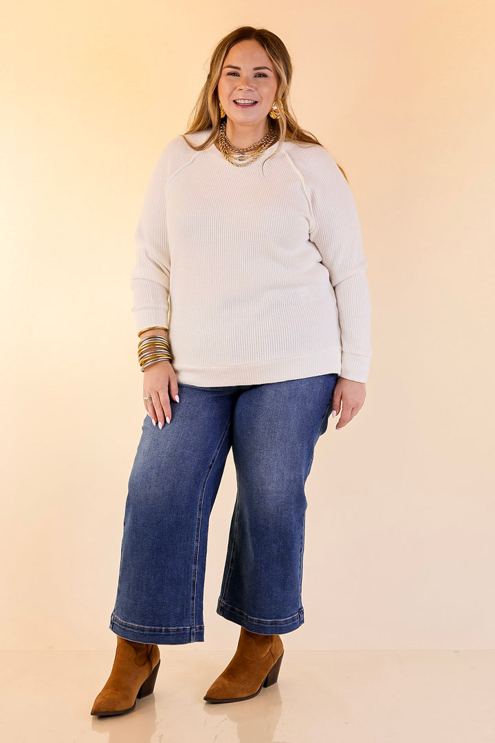 Essentially Chic Waffle Knit Long Sleeve Scoop Neck Top in Ivory