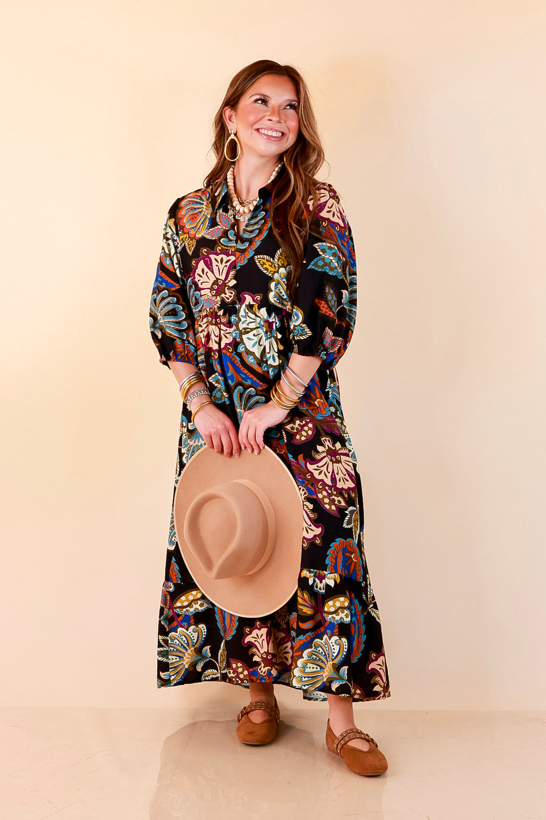 Season of Style Floral Print V Neck 3/4 Sleeve Collared Tiered Midi Dress in Black Multi