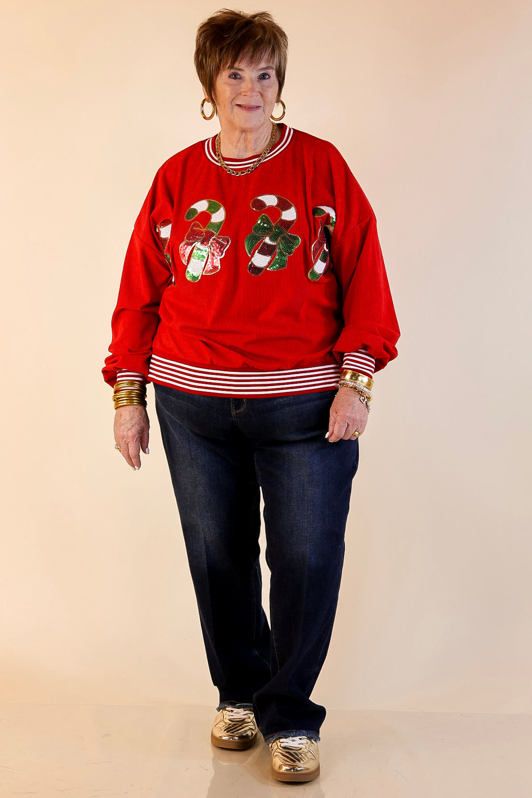 Candy Cane Lane Corduroy Crewneck Top with Side Slits and Sequin Candy Canes with Bows in Red