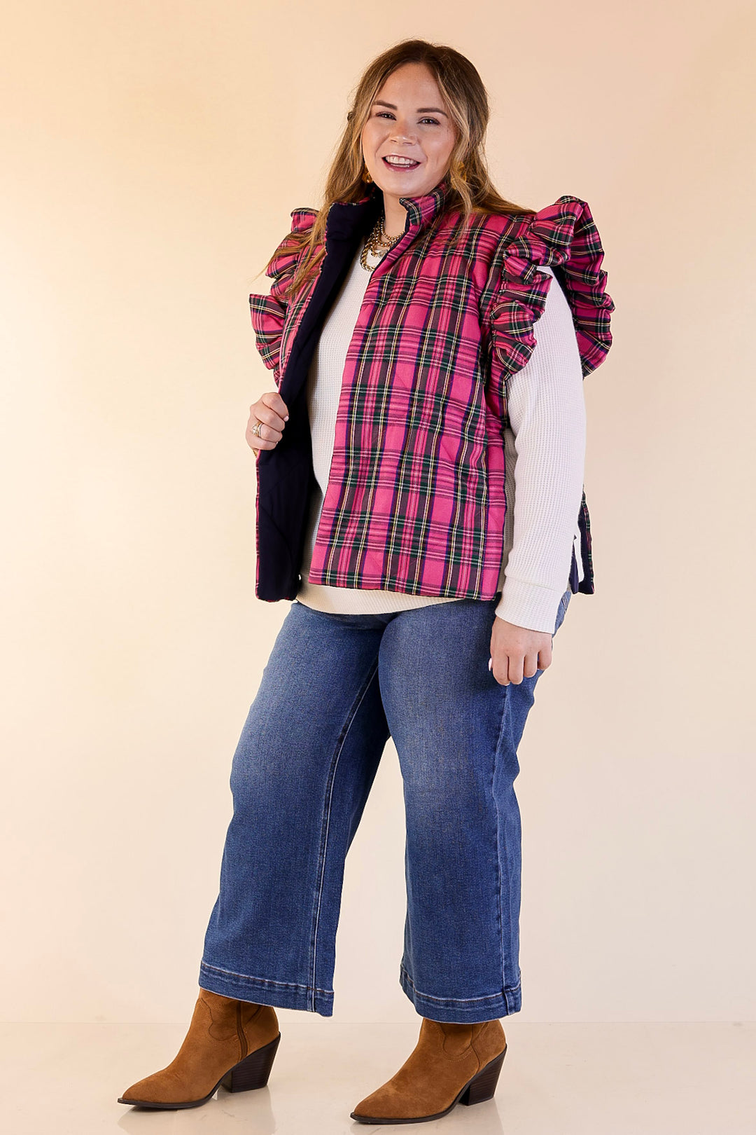 Mud Pie | Jefferies Quilted Plaid Reversible Vest with Ruffle Cap Sleeves and Bow Side Closure in Pink