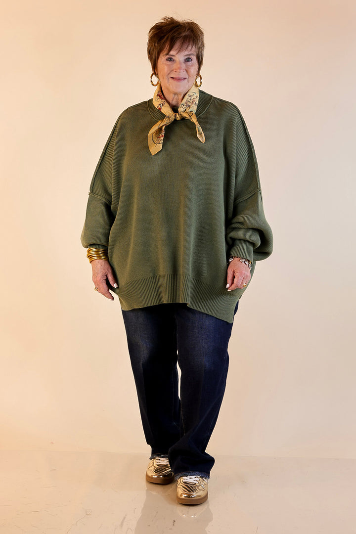 Snug and Stylish Mock Neck Sweater with Side Slit in Olive Green