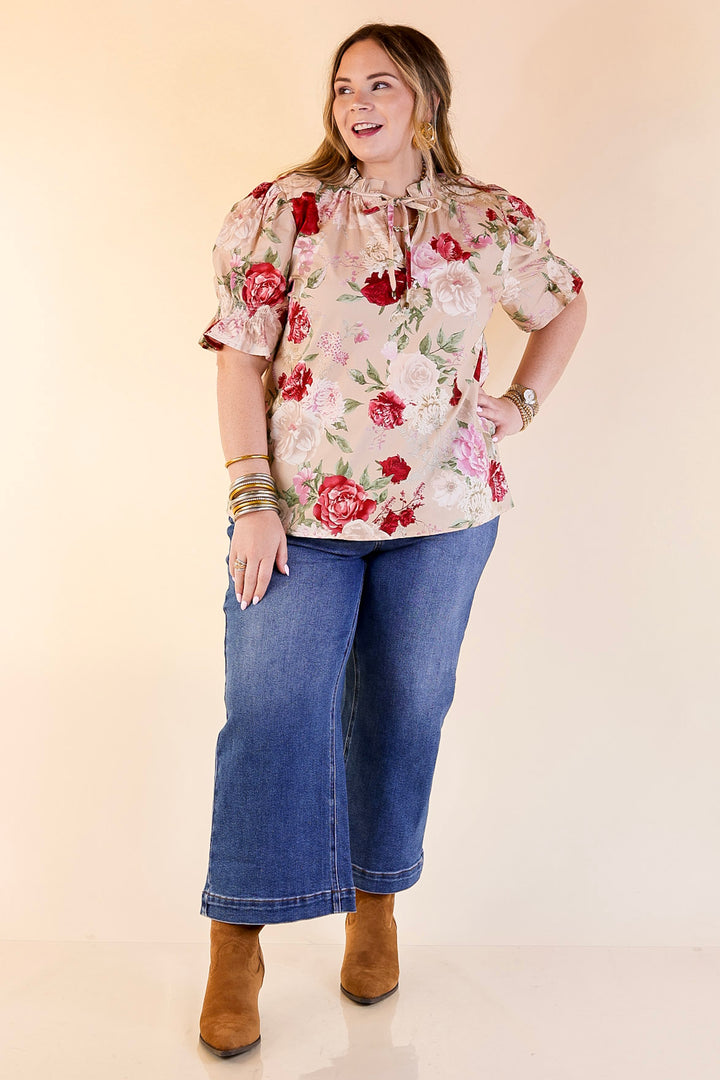 Freshly Picked Floral Print Top with Short Puff Sleeves in Beige