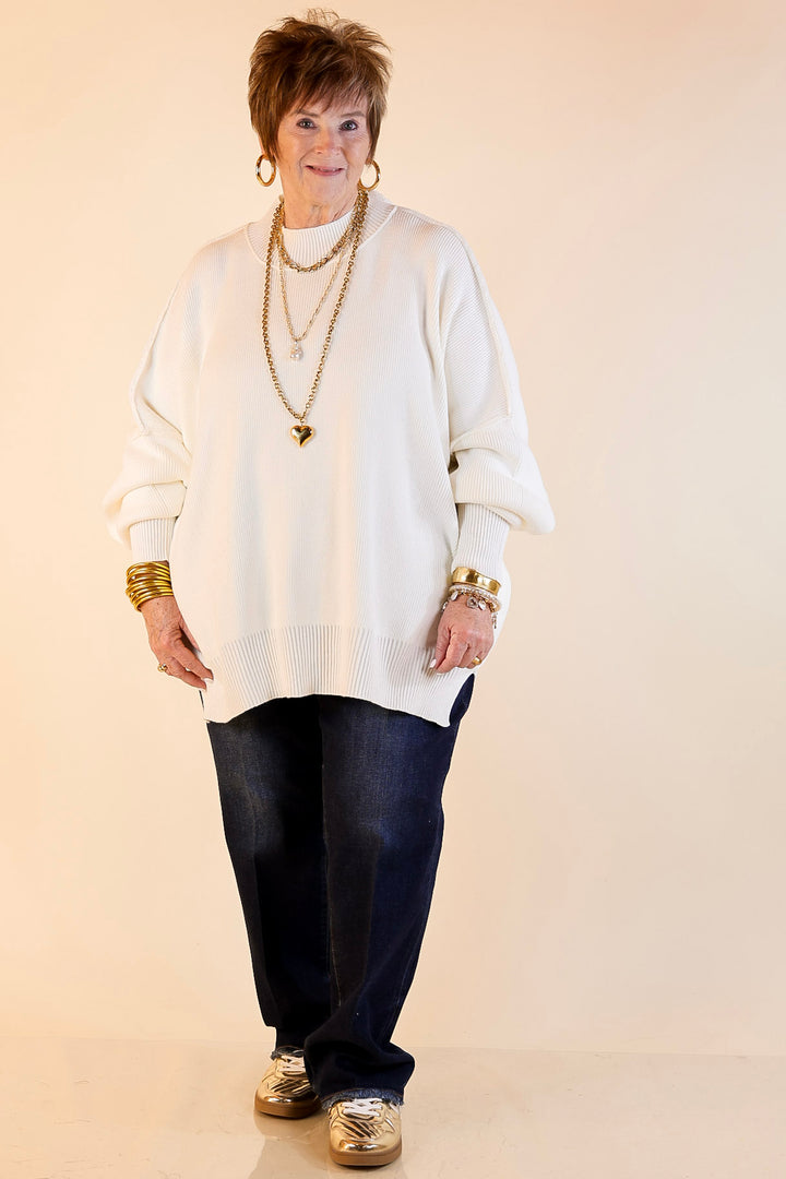 Snug and Stylish Mock Neck Sweater with Side Slit in Ivory