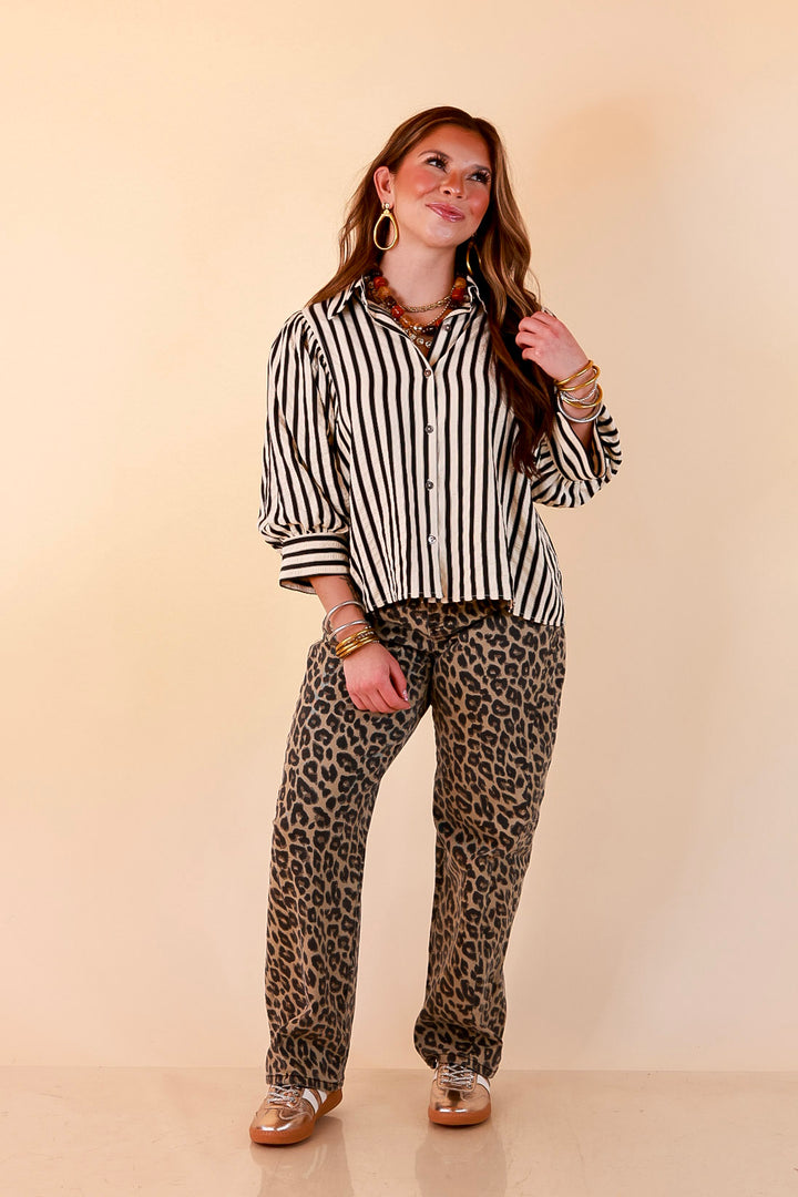 The Bold Type Striped 3/4 Sleeve Button-Up Top in Ivory with Black Stripes