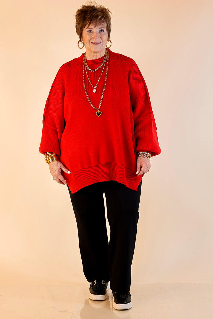 Snug and Stylish Mock Neck Sweater with Side Slit in Ruby Red