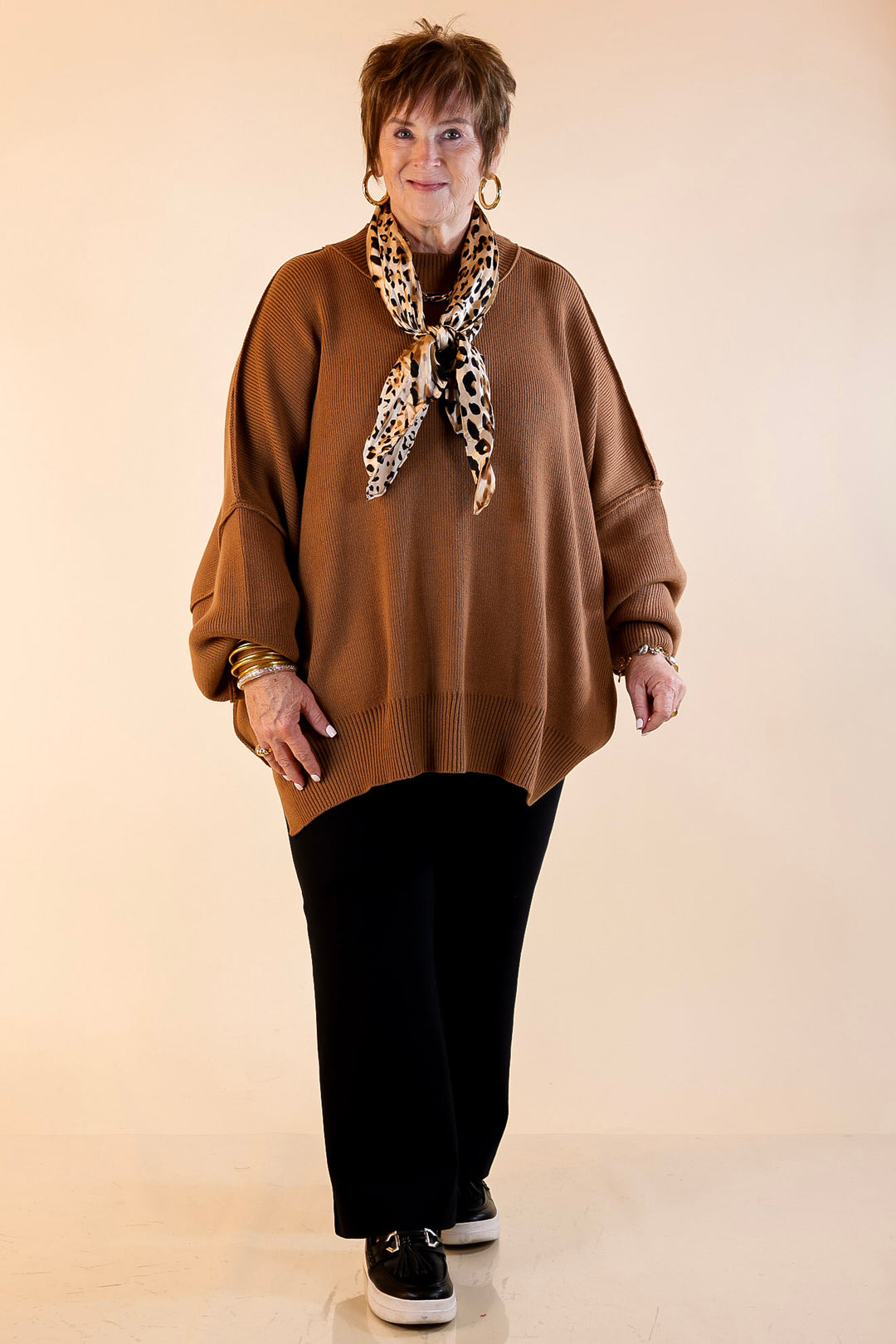 Snug and Stylish Mock Neck Sweater with Side Slit in Camel Brown