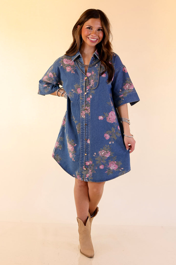 Flirting with Florals Floral Denim Shirt Dress with Gold Button Detail in Classic Blue Denim