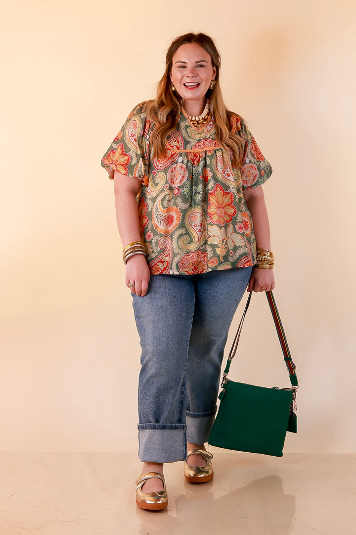 Blooming Days Ahead Paisley Print V Neck Blouse with Puff Sleeves, Ruffle Trim Collar and Lace Trim Yoke in Olive Green Mix