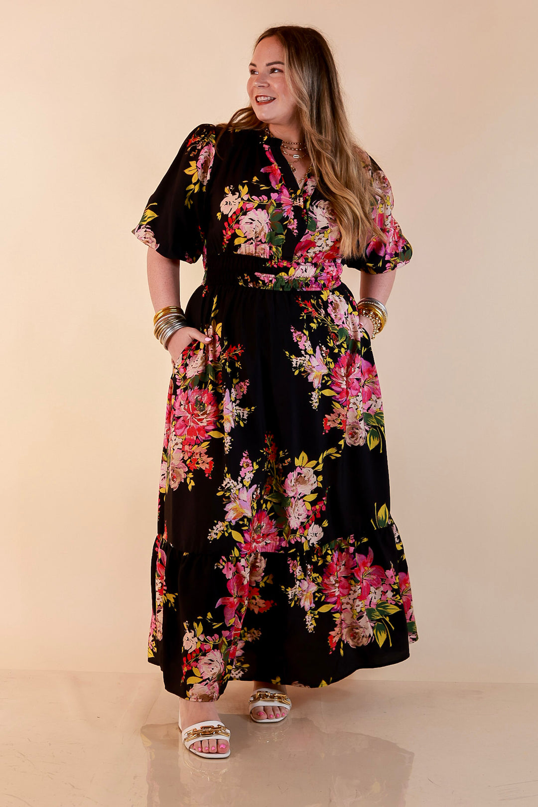 Reserved for Brunch Puff Sleeve Smocked Waist Floral Maxi Dress in Black Multi
