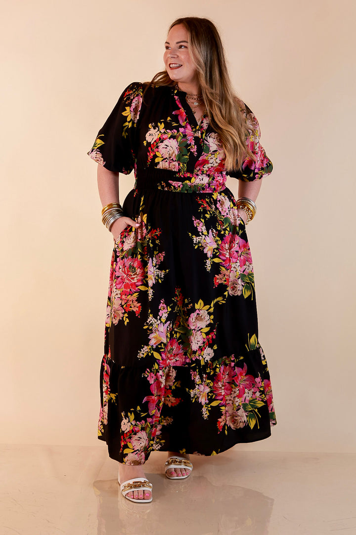 Reserved for Brunch Puff Sleeve Smocked Waist Floral Maxi Dress in Black Multi