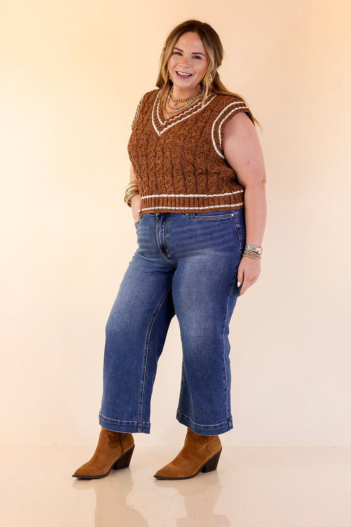 Simply Southern | Bliss Cable Knit Teddy Sweater Vest with V-Neckline and Contrast Trim in Umber Brown