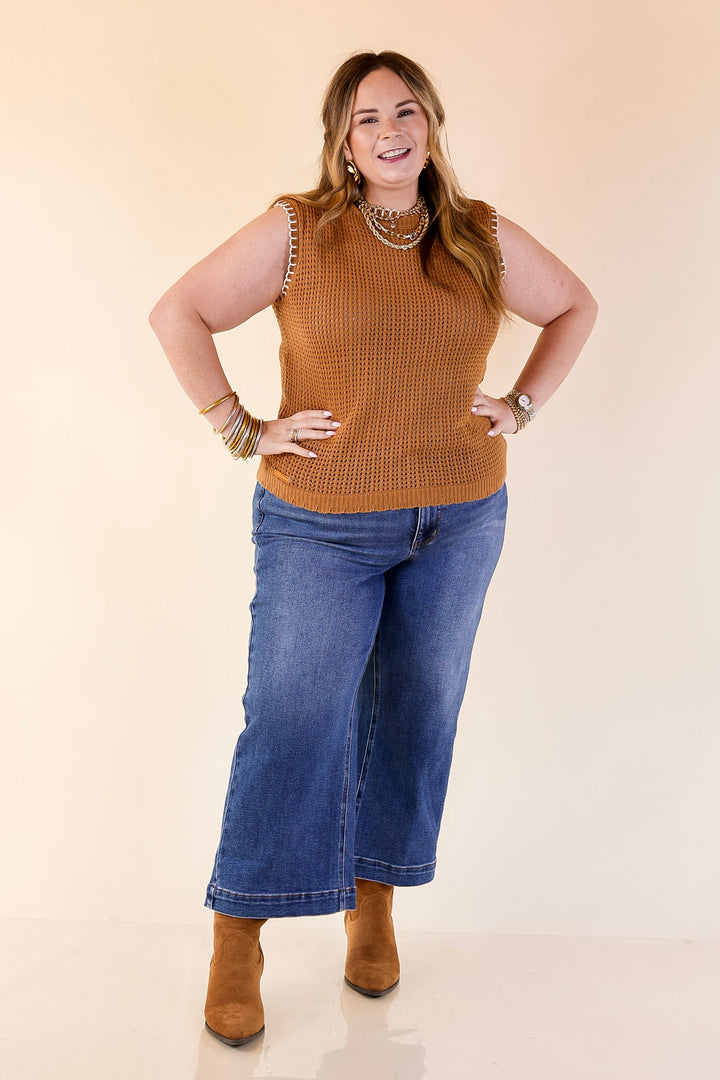 Simply Southern | Olivia Large Knit Sweater Vest with Contrast White Stitching in Tan Brown