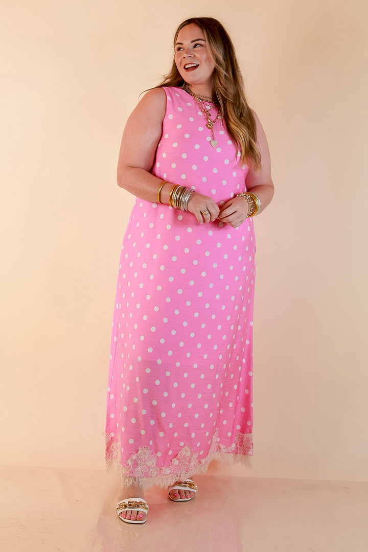 Sweet Little Something Polka Dot Sleeveless Maxi Dress with Lace Trim in Pink