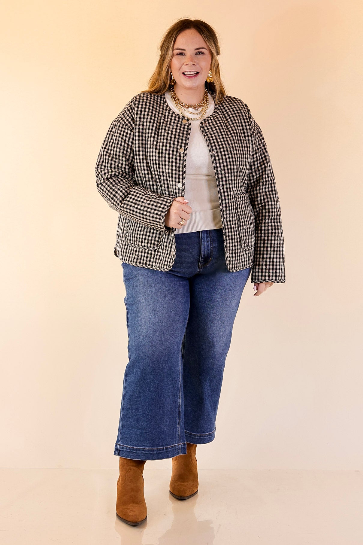 Check it Twice Quilted Gingham Plaid Jacket in Ivory and Black