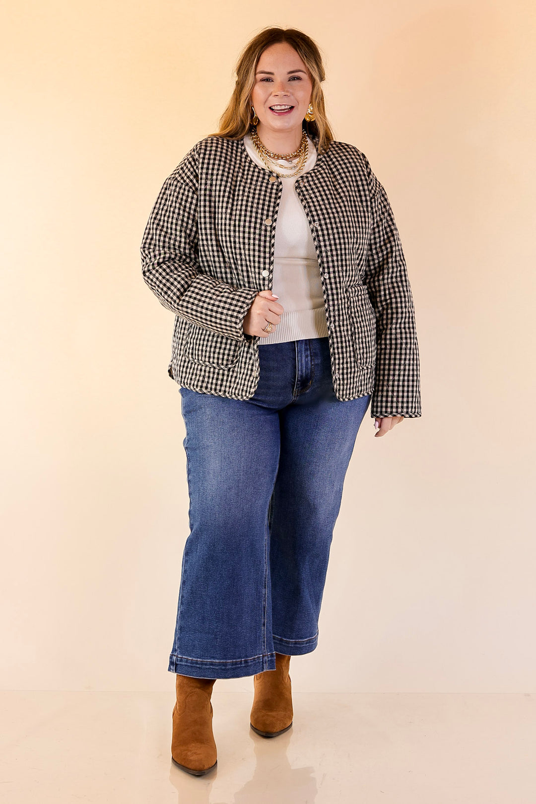 Check it Twice Quilted Gingham Plaid Jacket in Ivory and Black