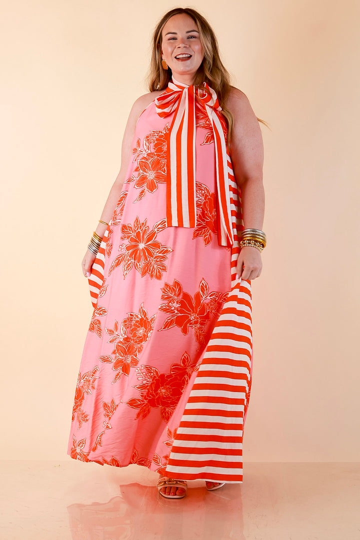 Meet Me in Palm Beach Floral Print Halter Maxi Dress with Adjustable Bow Tie Neck in Pink and Orange