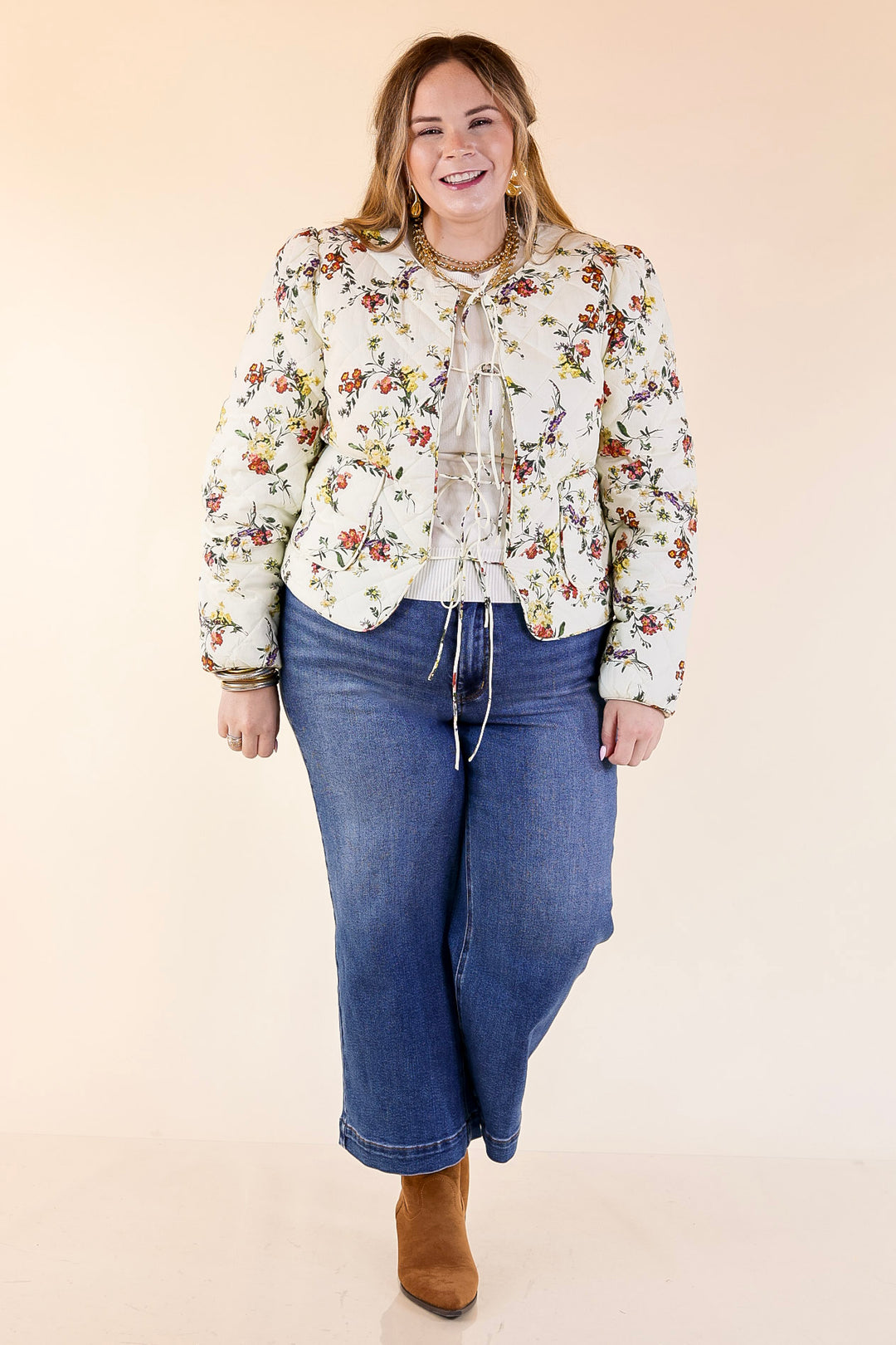 Chic in Bloom Quilted Floral Jacket with Front Ties in Ivory