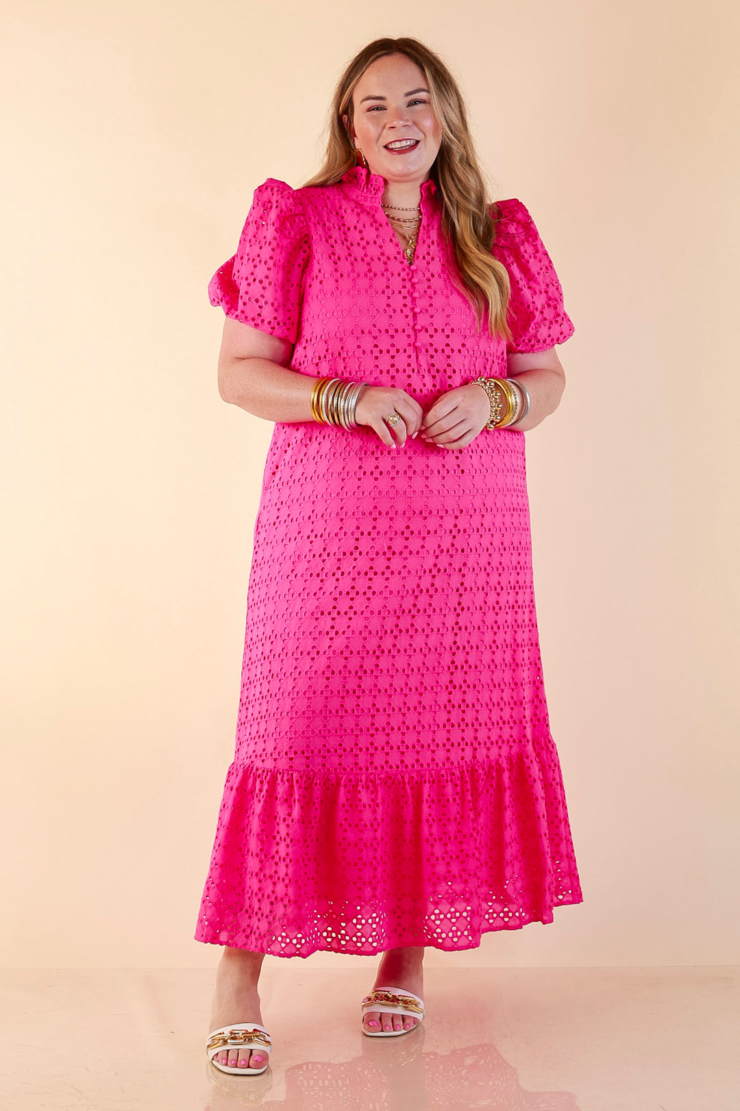 Meet Me at Sunset Eyelet Lace Puff Sleeve Tiered Maxi Dress in Hot Pink