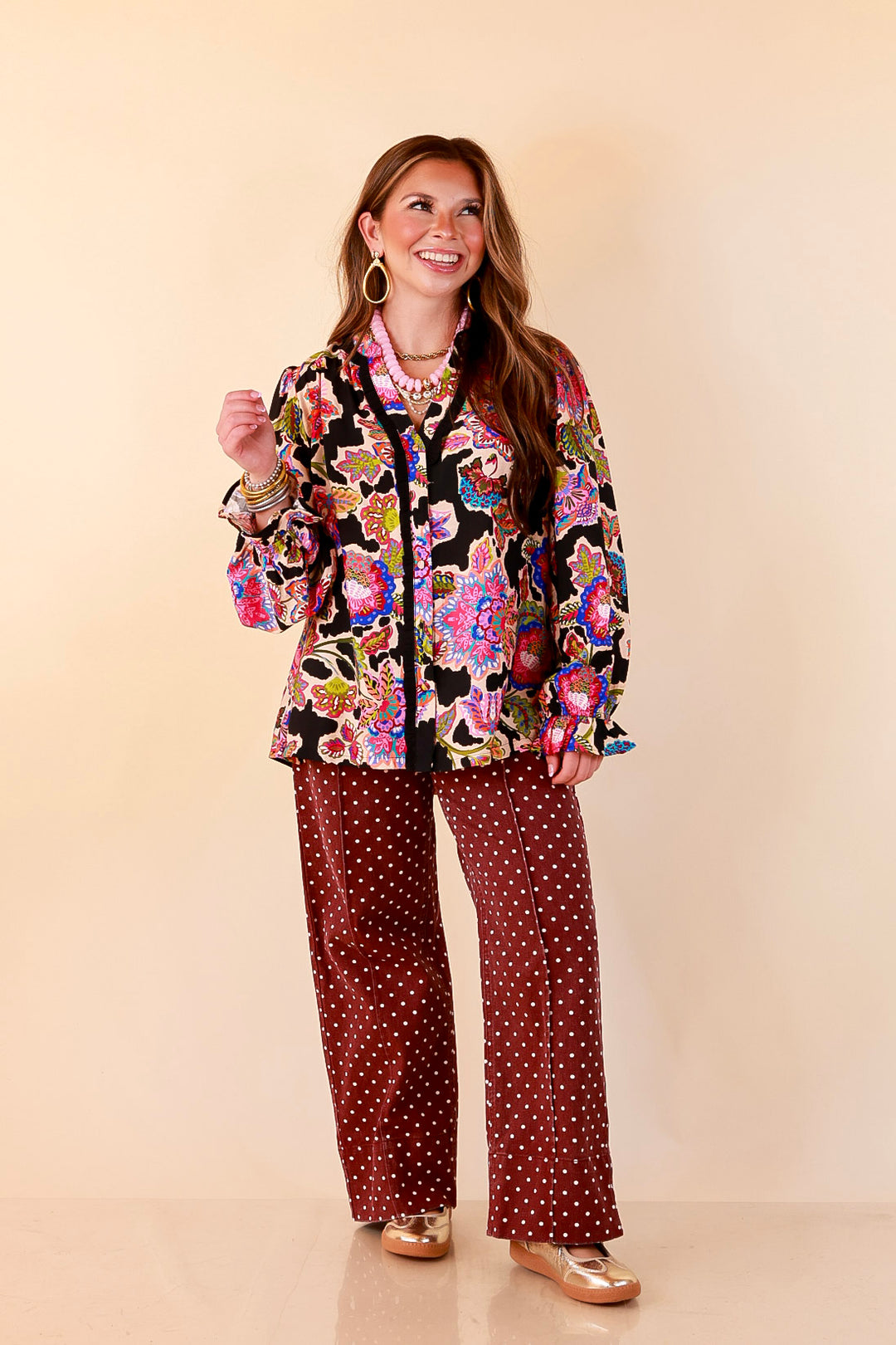 Petal Pop Floral Print Ruffle Front Button Up Long Sleeve Top with Balloon Sleeves in Black