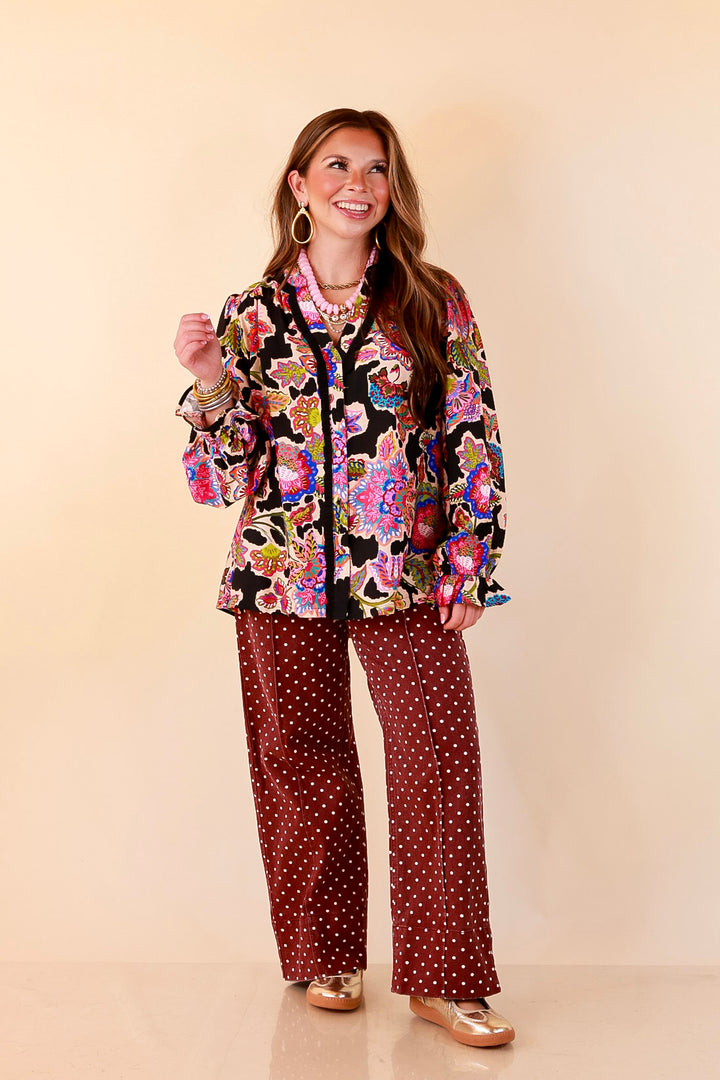 Petal Pop Floral Print Ruffle Front Button Up Long Sleeve Top with Balloon Sleeves in Black