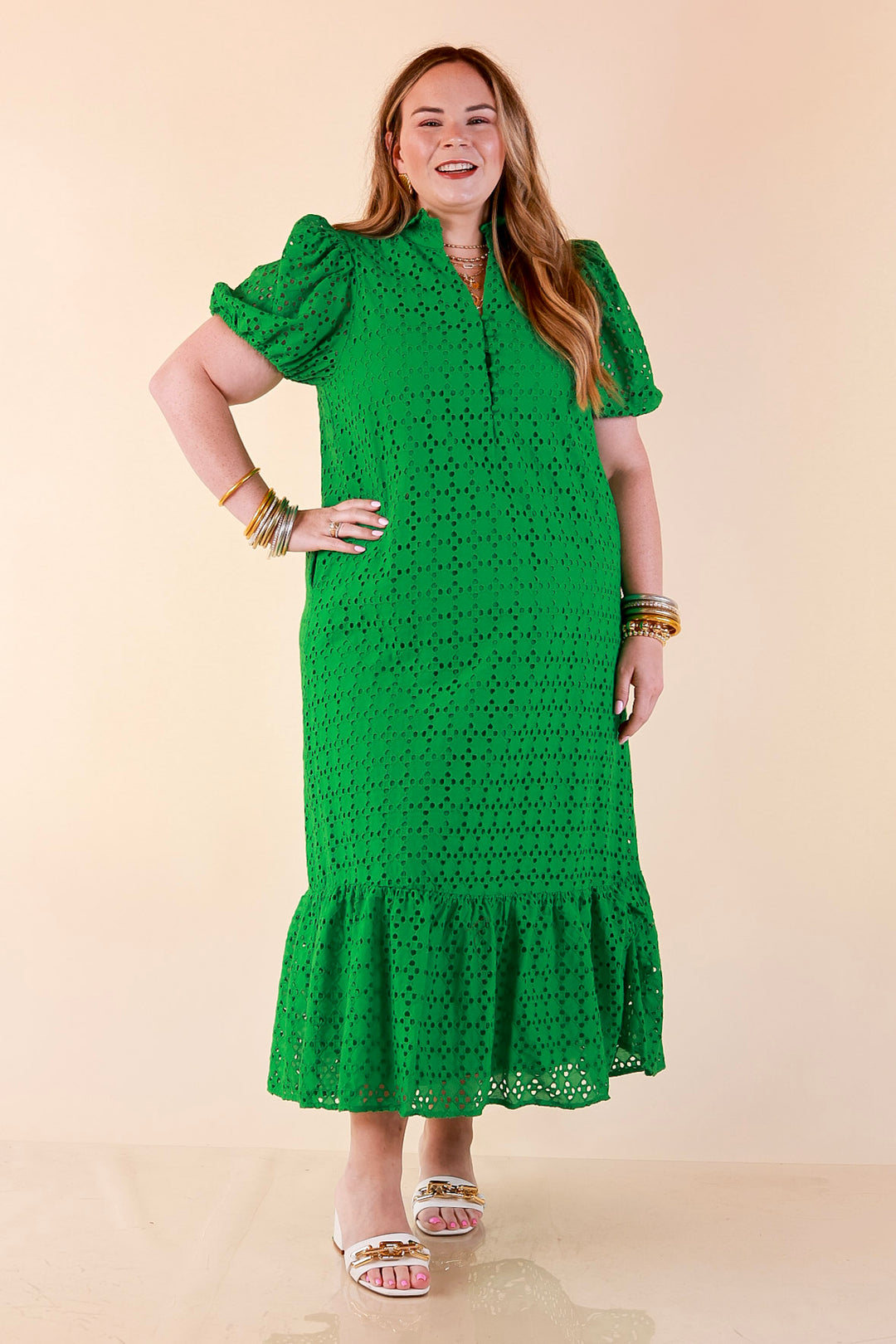 Meet Me at Sunset Eyelet Lace Puff Sleeve Tiered Maxi Dress in Kelly Green