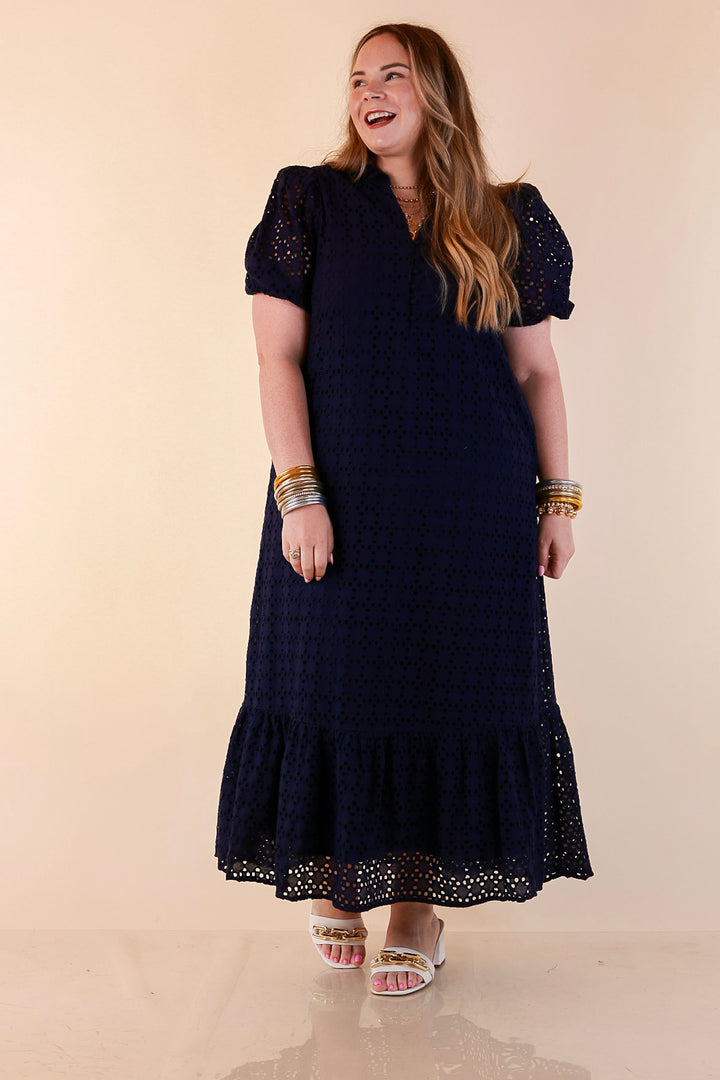Meet Me at Sunset Eyelet Lace Puff Sleeve Tiered Maxi Dress in Navy Blue