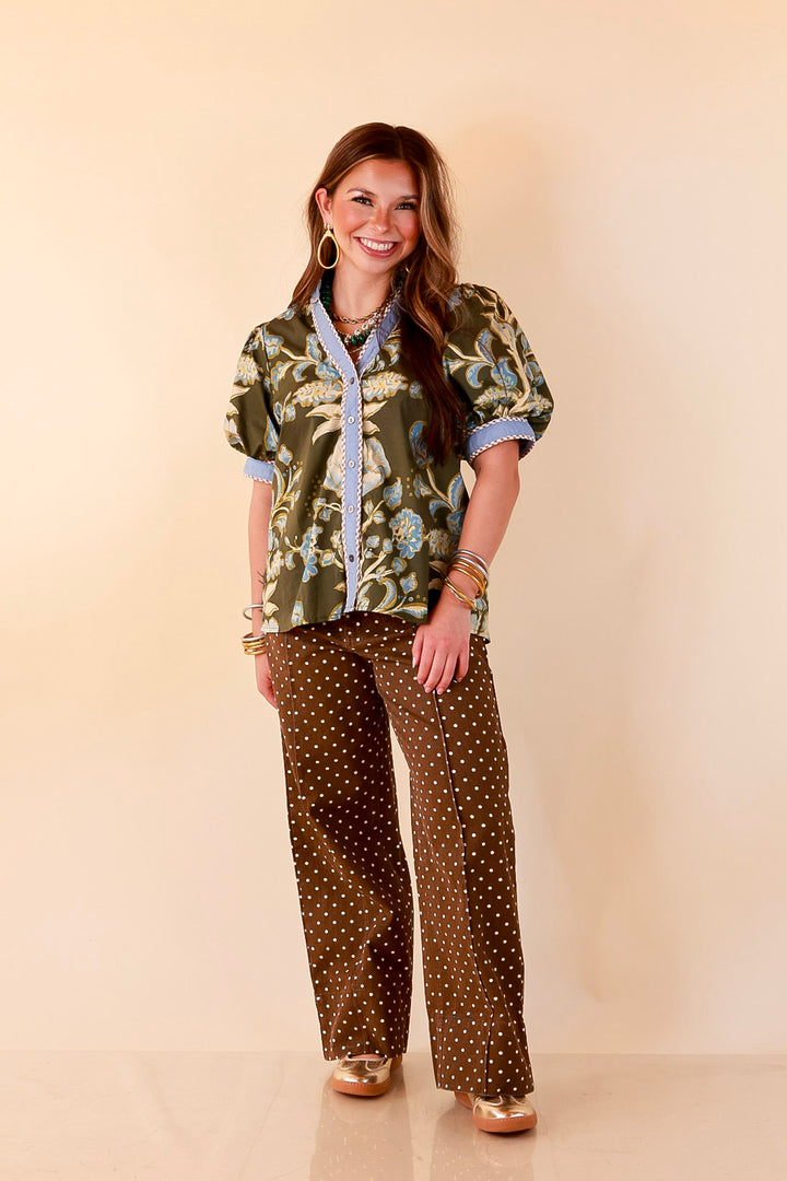 Pop of Polish Short Puff Sleeve Button Front Floral Top with Contrast Trim in Olive Green and Blue
