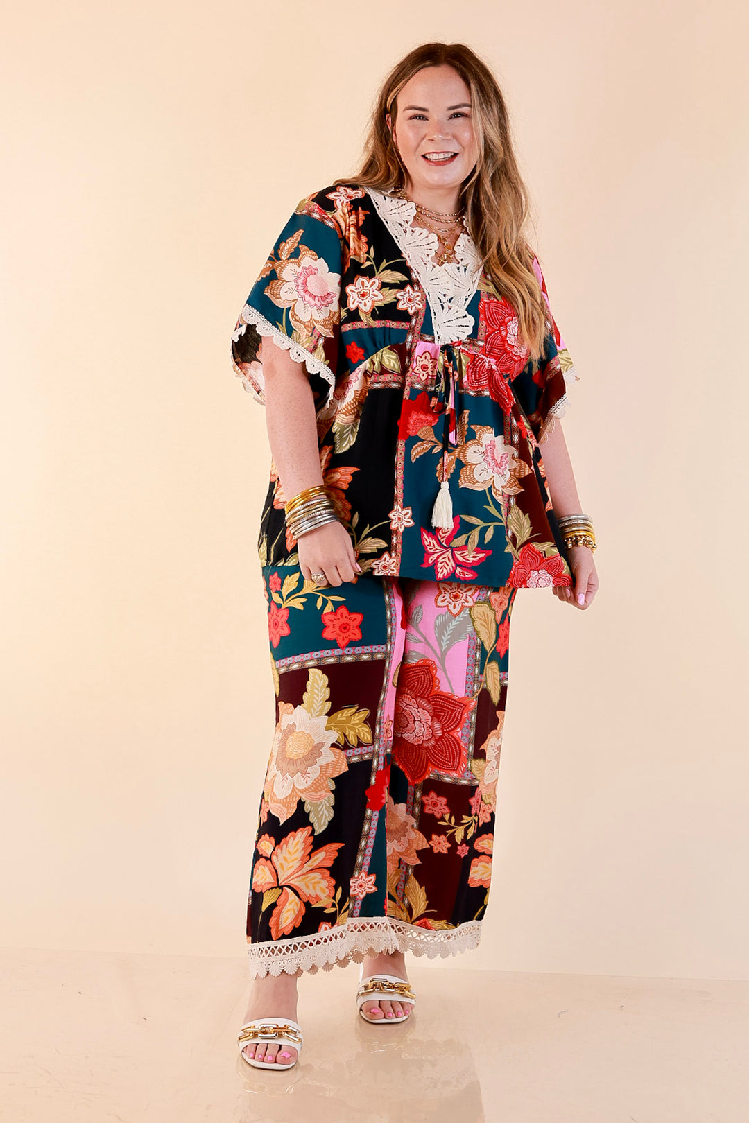 Patchwork Flair Floral Patchwork Print Wide Leg Pants with Lace Trim in Pink Mix