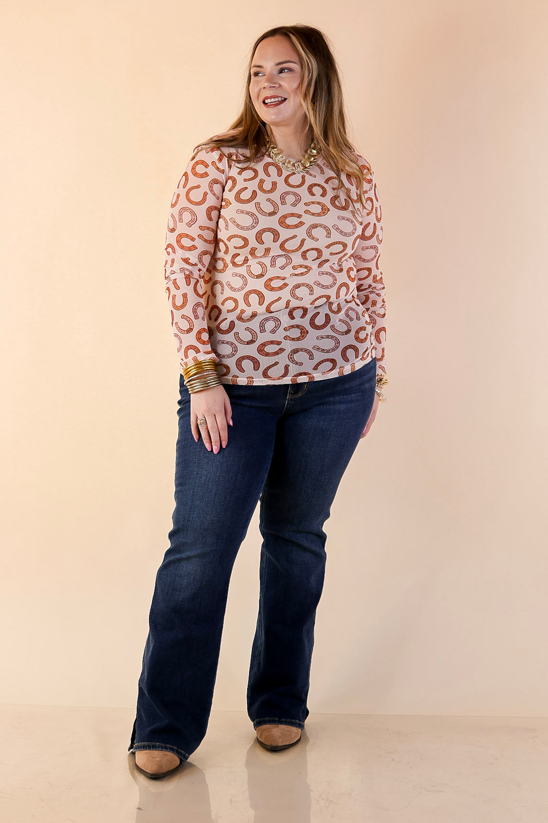 The Perfect Layer Horseshoe Print Mesh Long Sleeve Top in Cream and Brown