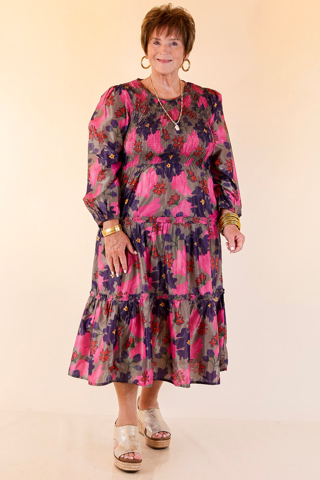 Mud Pie | Shaffer Smocked Bodice Long Sleeve Midi Dress with Tiered Skirt in Pink Mix