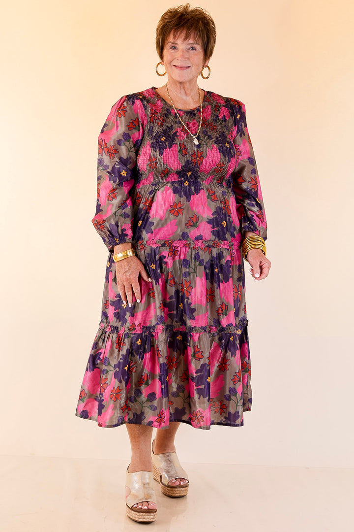 Mud Pie | Shaffer Smocked Bodice Long Sleeve Midi Dress with Tiered Skirt in Pink Mix