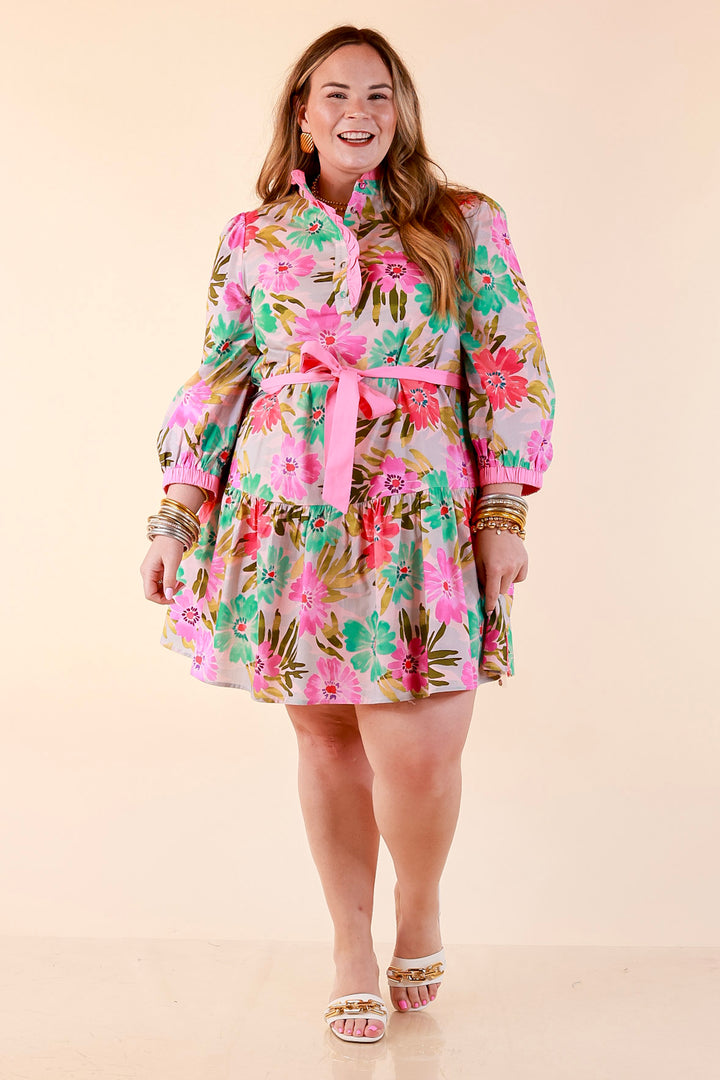 Petals and Promises Floral Print Ruffle Collar Tie Waist Tiered Dress in Pink and Mint