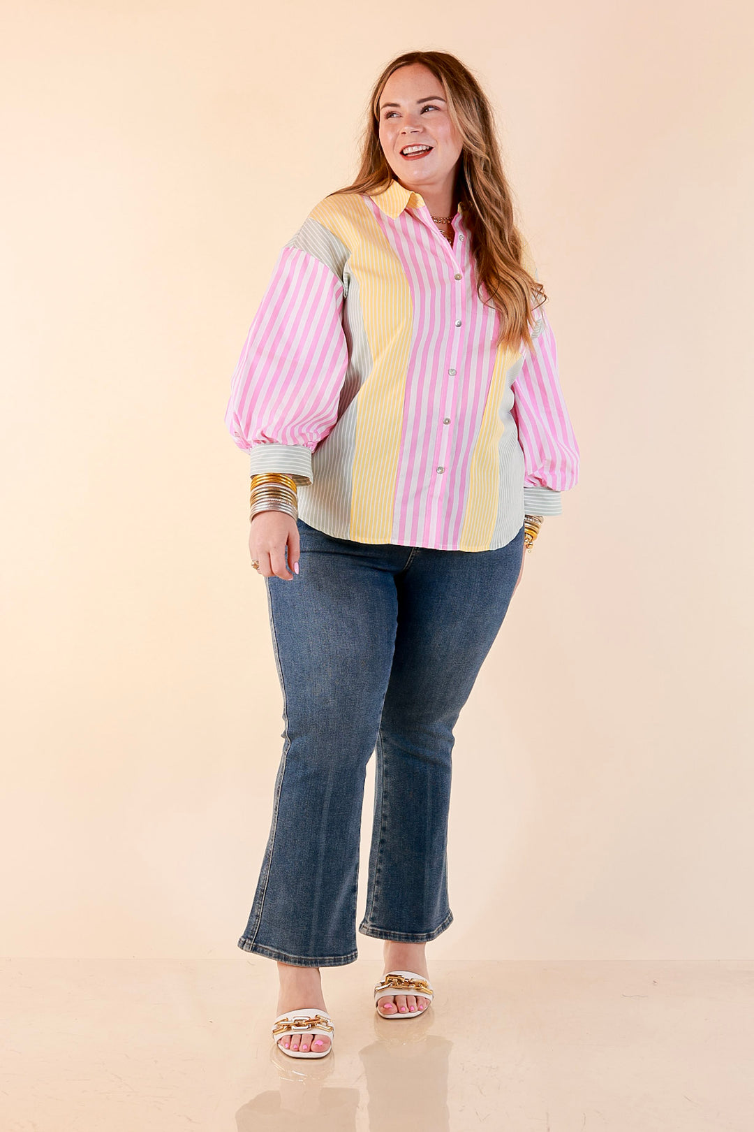 Lovely Impression Colorblock Stripe Button Front Top with Balloon Sleeves in Pink, Yellow and Green