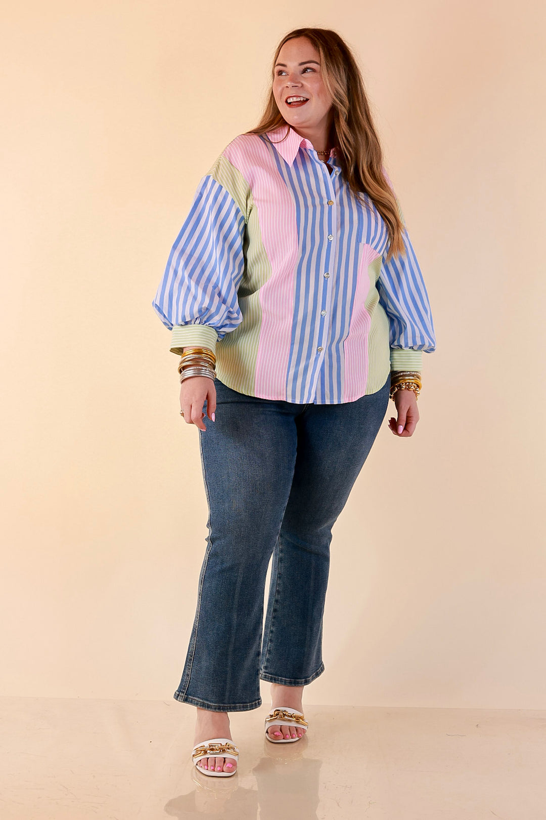 Lovely Impression Colorblock Stripe Button Front Top with Balloon Sleeves in Pink, Blue and Green