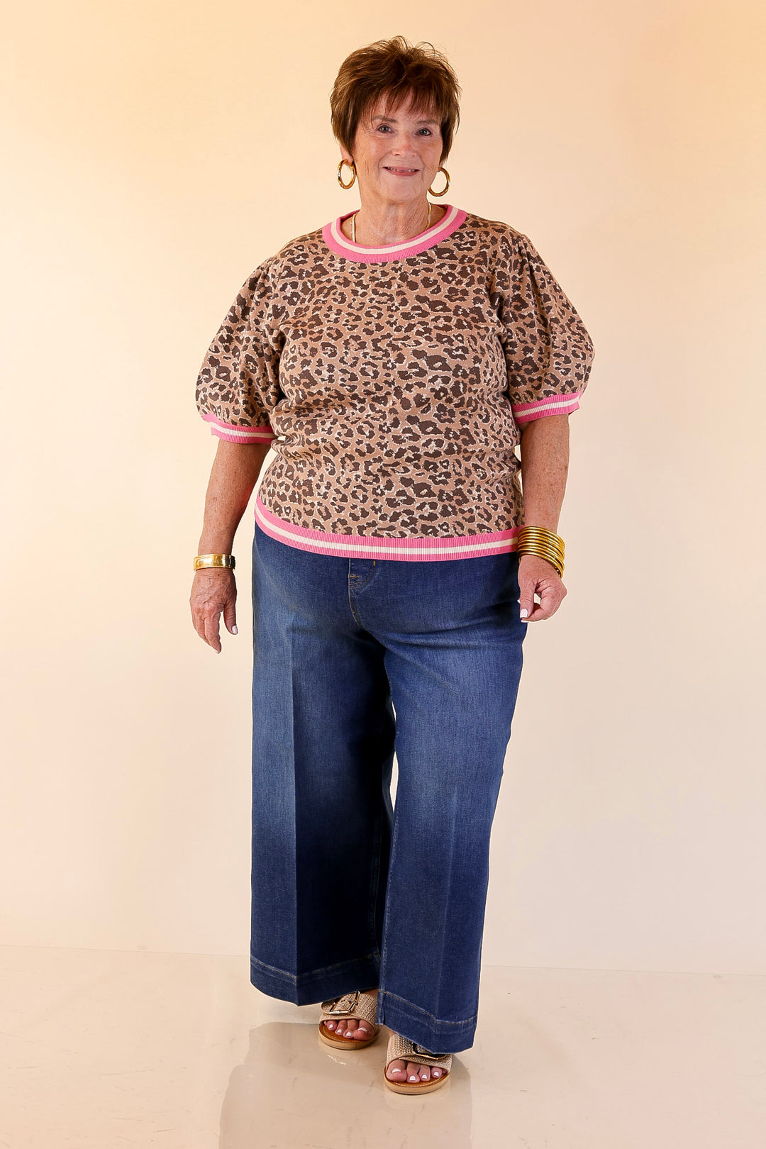 Feline Fine Leopard Print Short Sleeve Sweater with Contrast Trim in Pink
