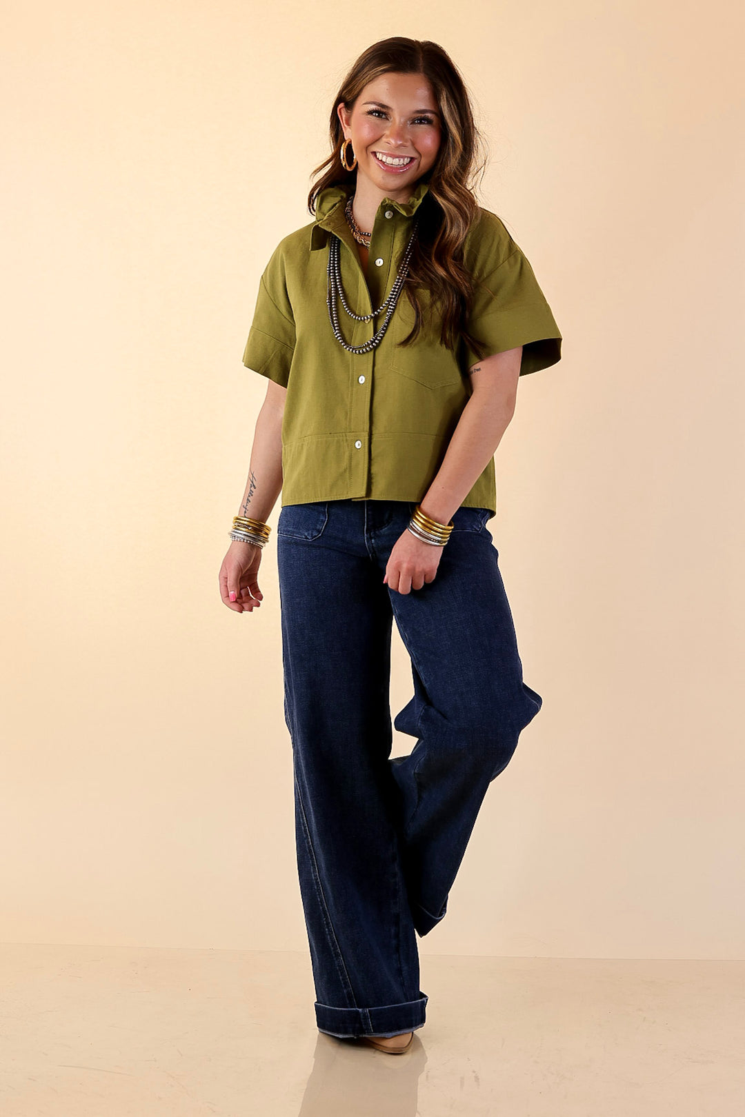 Casual Composure Button Front Short Sleeve Linen Top in Olive Green