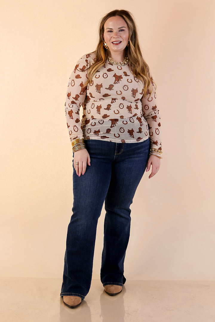 The Perfect Layer Western Icons Print Mesh Long Sleeve Top in Cream and Brown