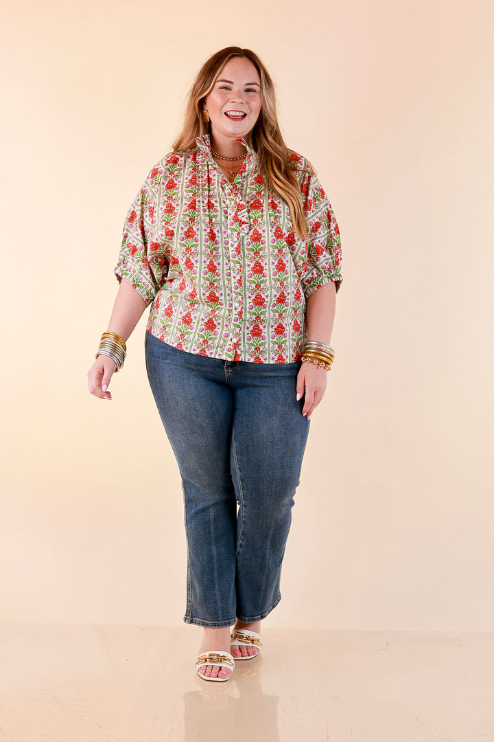 Charming Details Floral Print Button Front Dolman Top with Ruffle Collar in Ivory