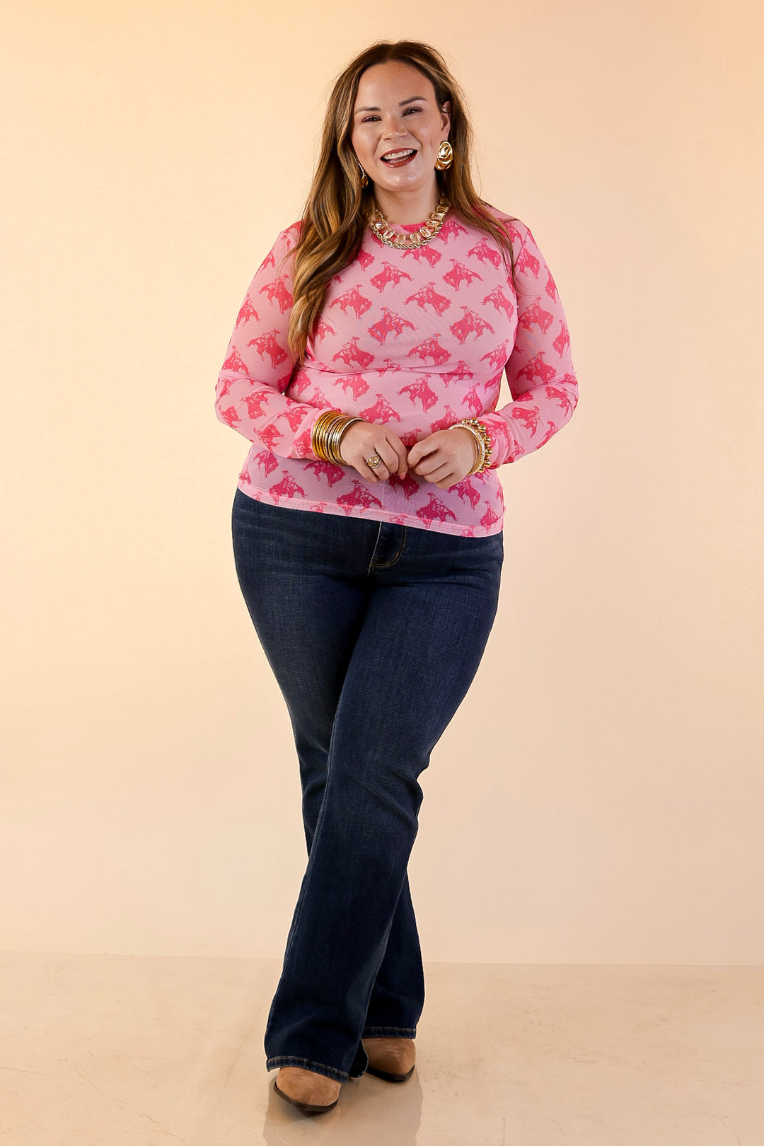 The Perfect Layer Hot Pink Bronc Print Mesh Long Sleeve Top in Pink