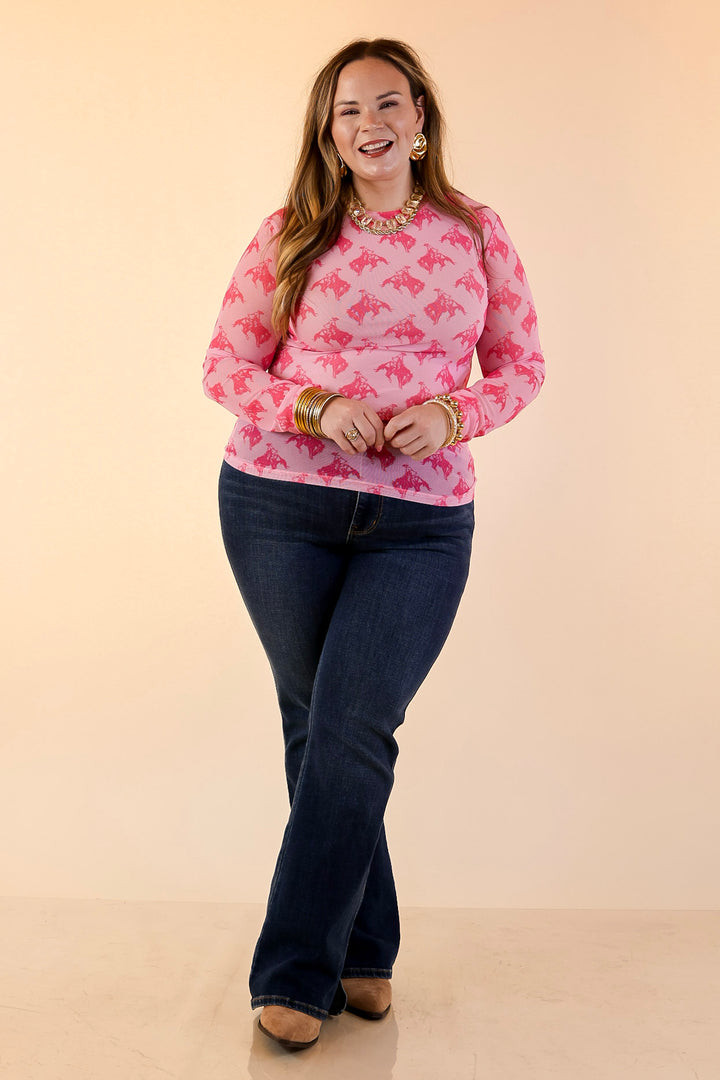 The Perfect Layer Hot Pink Bronc Print Mesh Long Sleeve Top in Pink