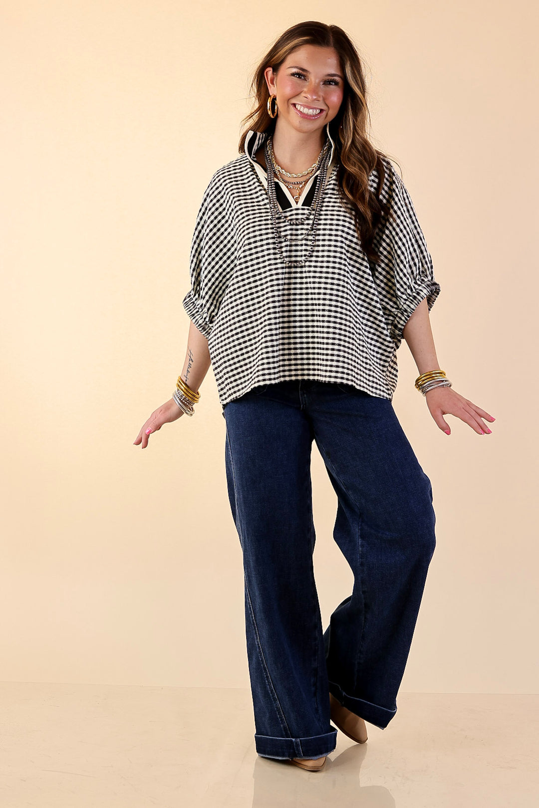 Naturally Stylish Gingham Plaid Top with Contrast Stripe Trim and Short Dolman Sleeves in Black