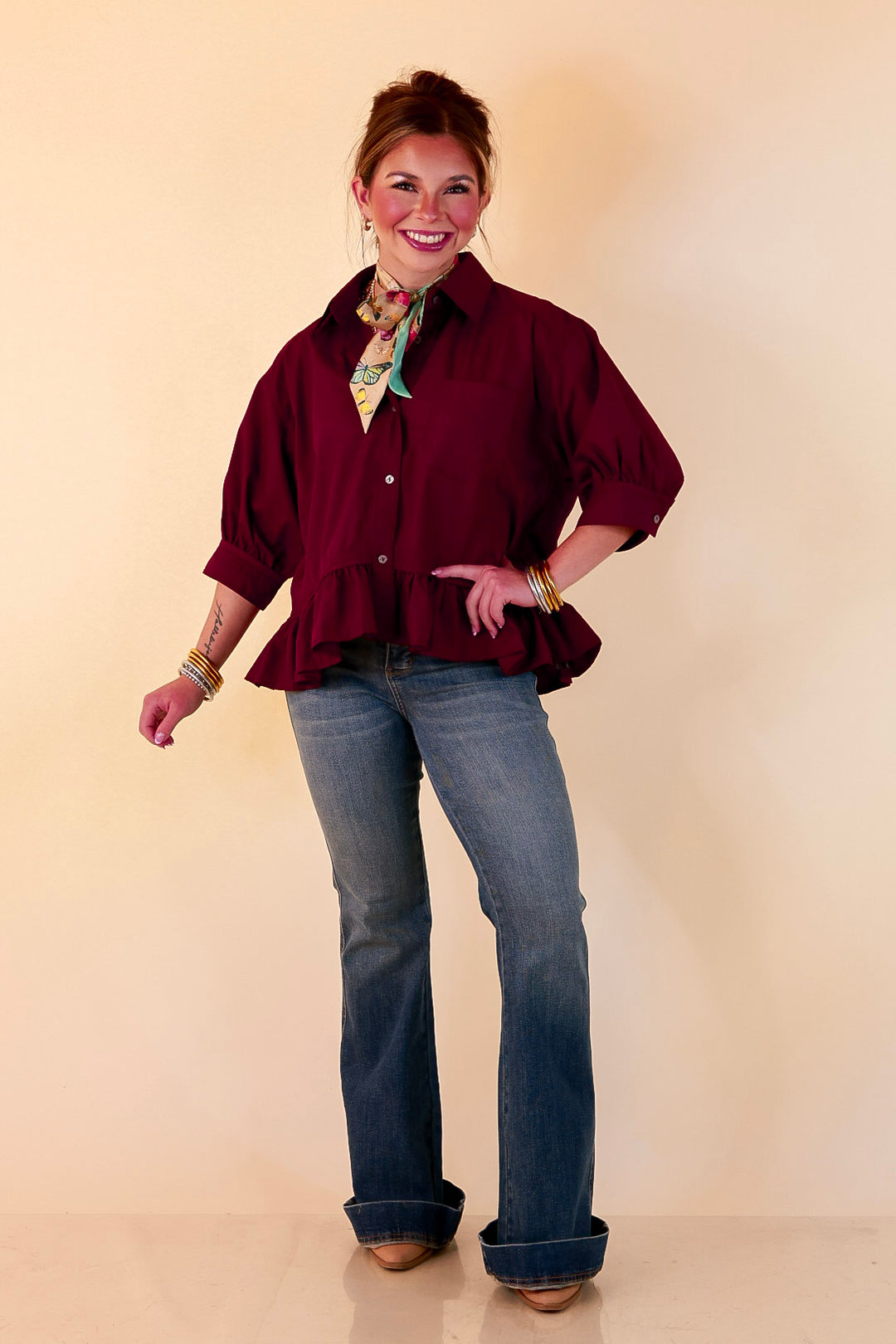 Style Agenda Solid Button Down Peplum Top in Maroon