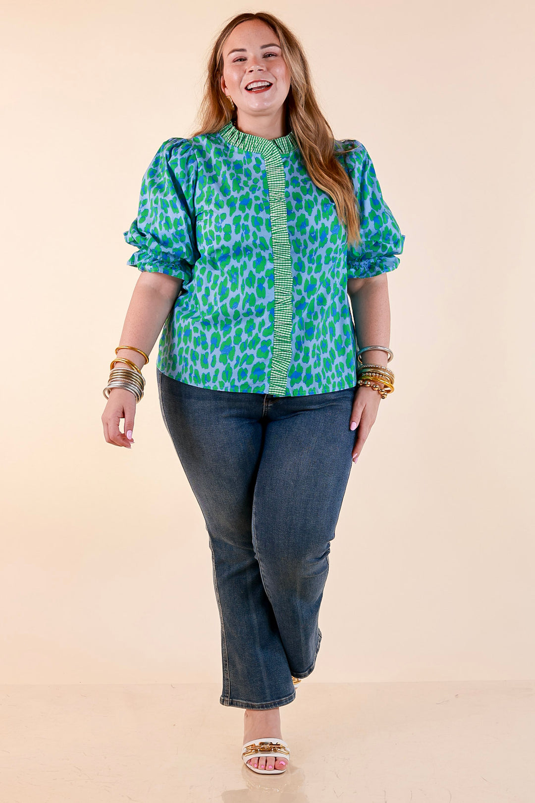 Catch the Compliments Puff Sleeve Ruffle Trim Leopard Print Statement Top in Green and Blue